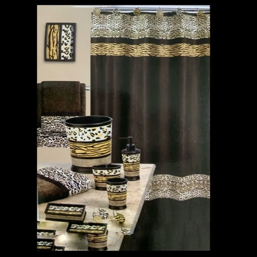 Animal Print Exotic Bathroom Accessory 4 Piece Set Brown Tan Multicolor Gazelle